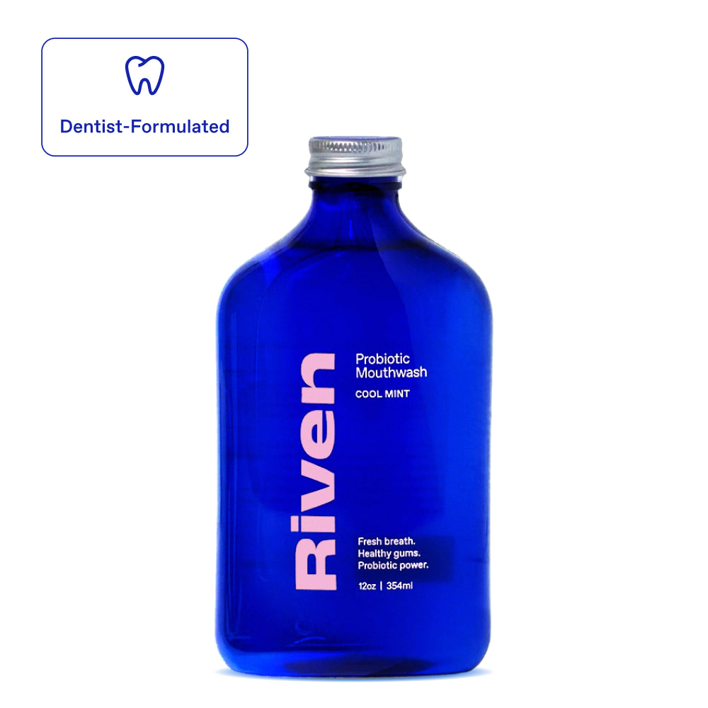 Blue Riven probiotic mouthwash bottle on a white background